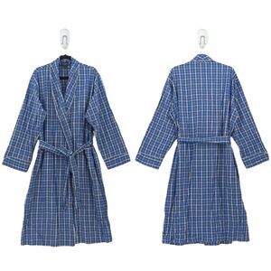Bill Blass Men OS One Size Bath Robe Blue Plaid Gingham Belted Cotton FLAW